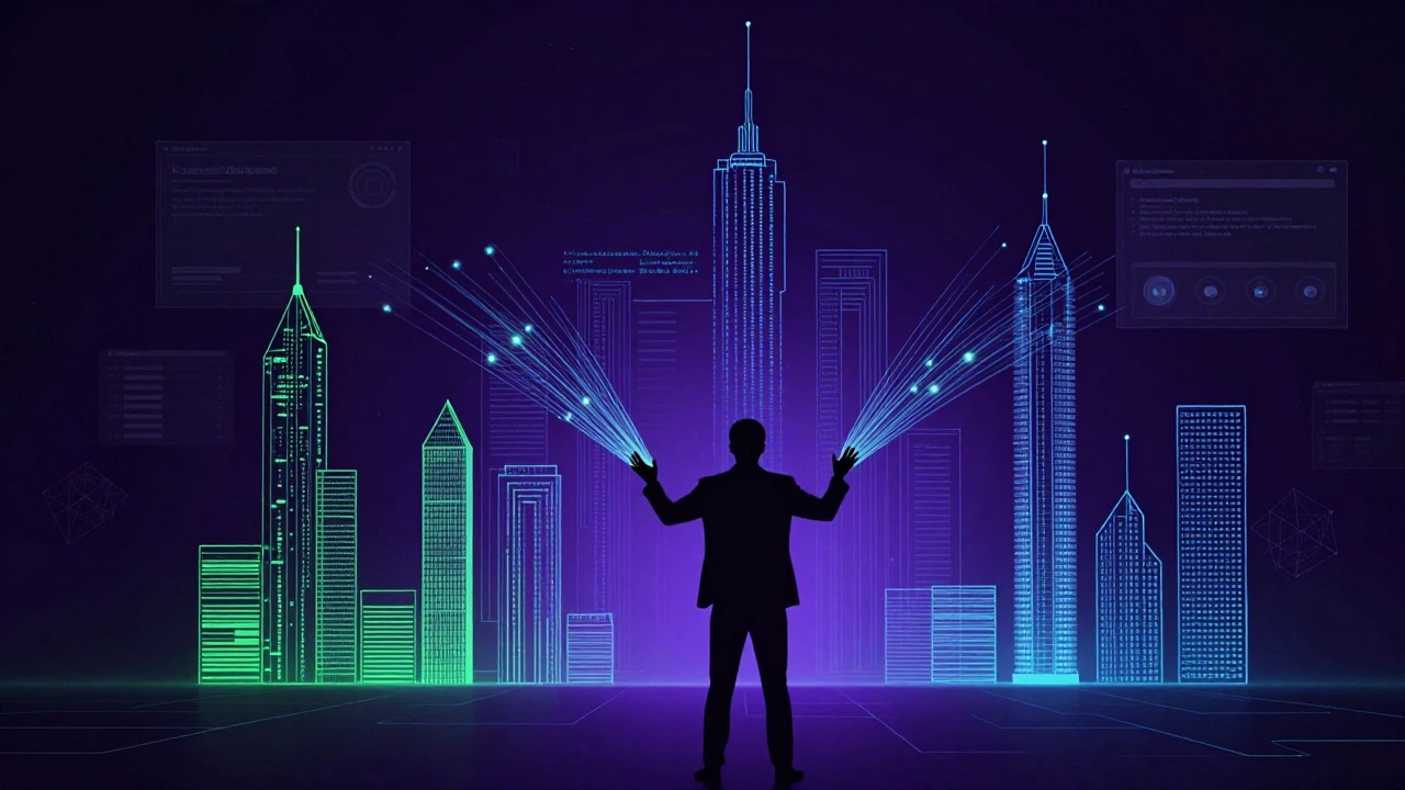 Developer directing AI-powered data streams to build software structures
