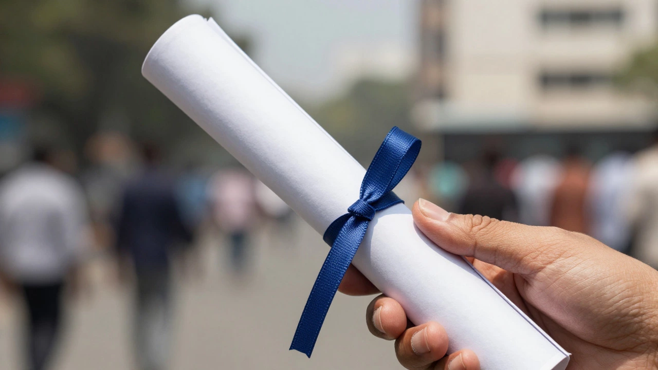 Hand holding a rolled diploma against an urban background