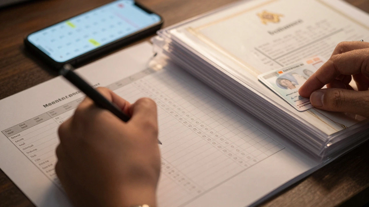 Hands filling out a job tracking sheet and organizing official certificates