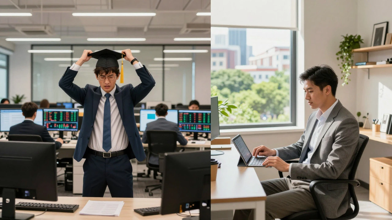 Split image showing a stressed banker in NYC versus a relaxed consultant in a sunny suburban home office.