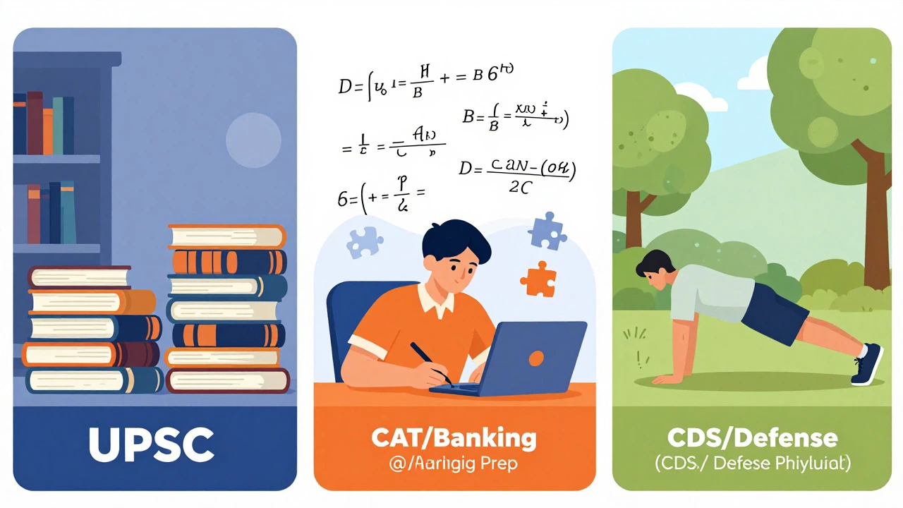 Split screen showing different study styles: library reading, math problems, and physical training.