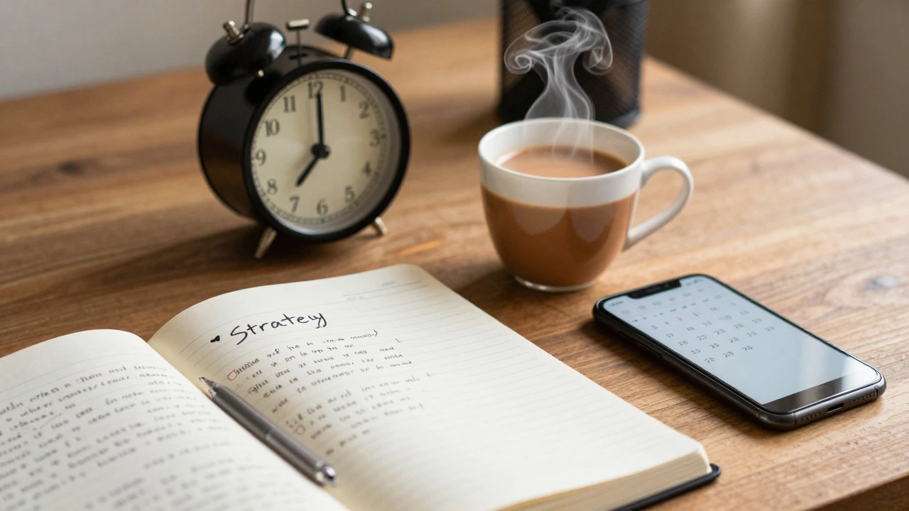 Study desk with notes, chai, and alarm clock representing disciplined exam preparation routine.