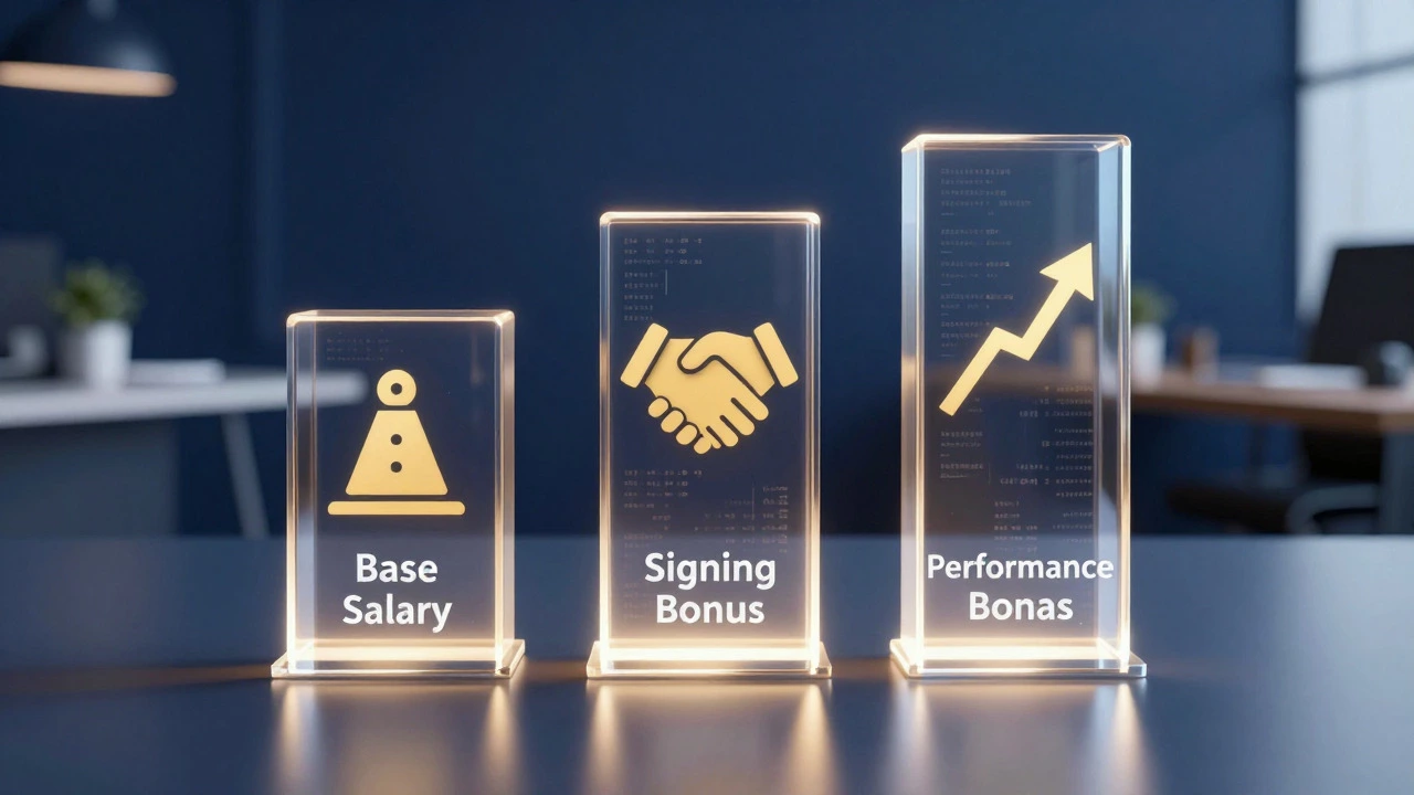 Three glowing glass pillars representing base salary, signing bonus, and performance bonus on a desk.