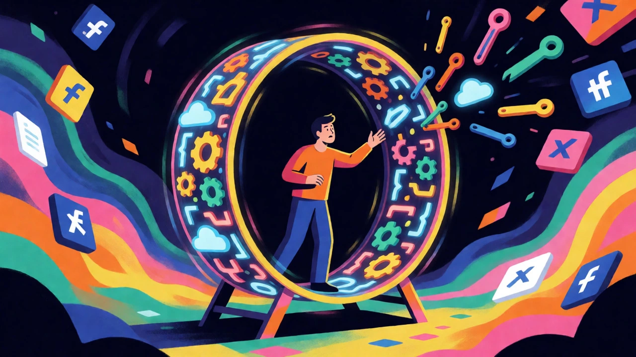 Conceptual image of coder on tech hamster wheel facing rapid obsolescence