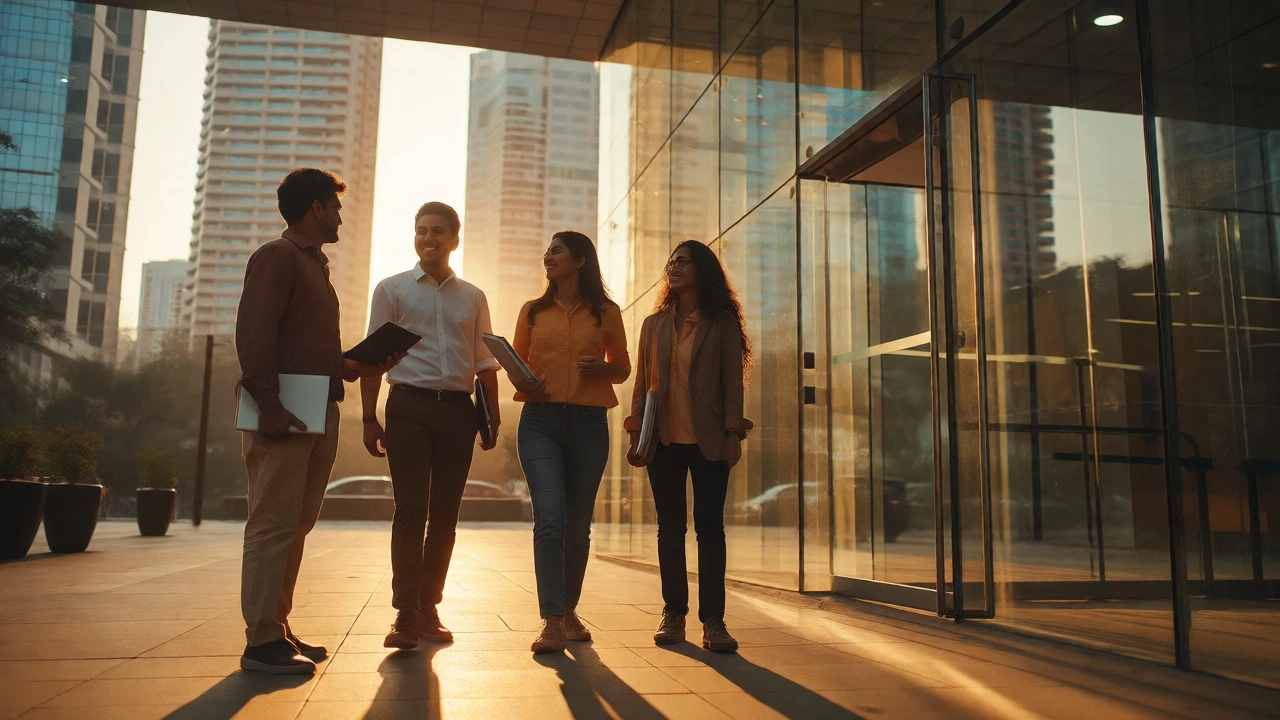 Confident young professionals walking towards a modern office building at sunset.