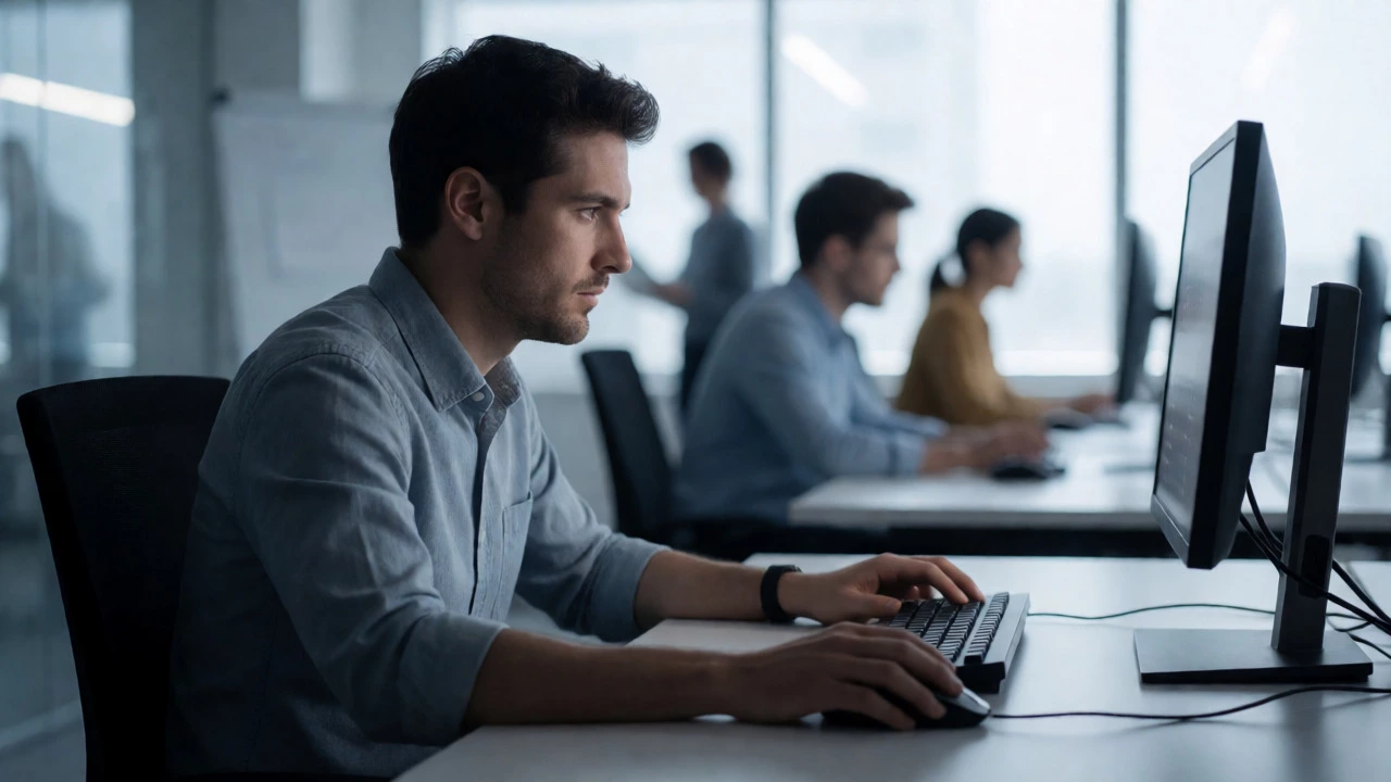 Developer hunched over desk displaying poor posture and physical strain