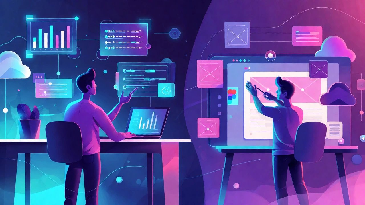 Digital illustration merging data analytics and UX design skills in a futuristic style.