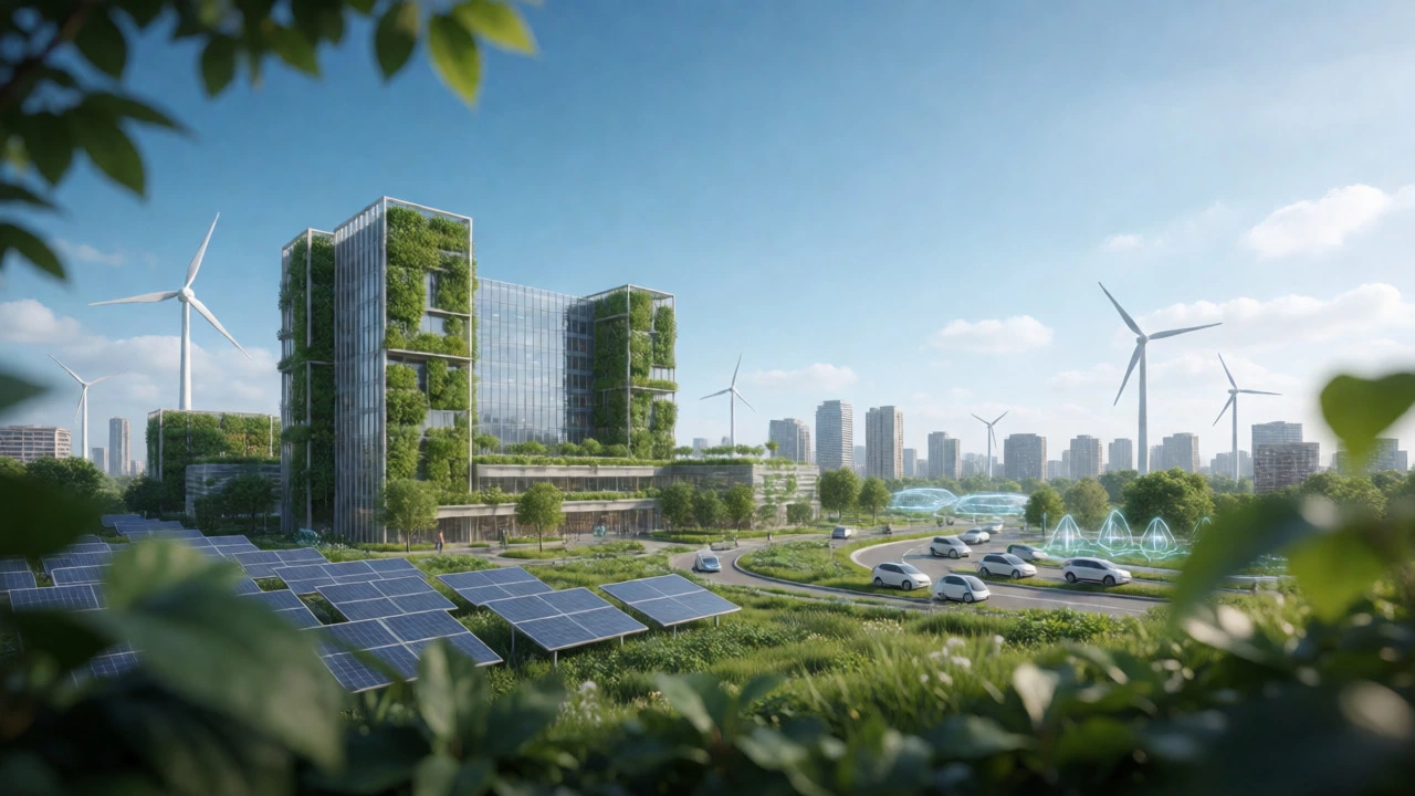 Modern hospital with green roofs and solar panels in a sustainable city setting.