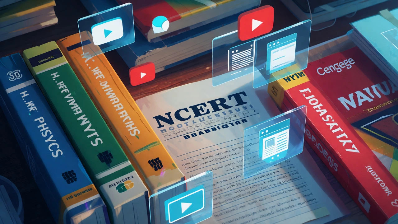 Organized JEE prep books with digital resource icons