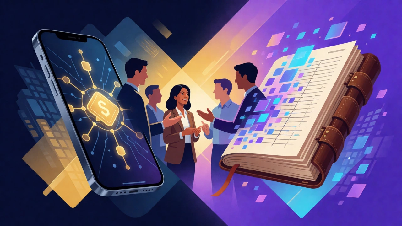 Professionals discussing digital finance concepts with floating blockchain visuals.