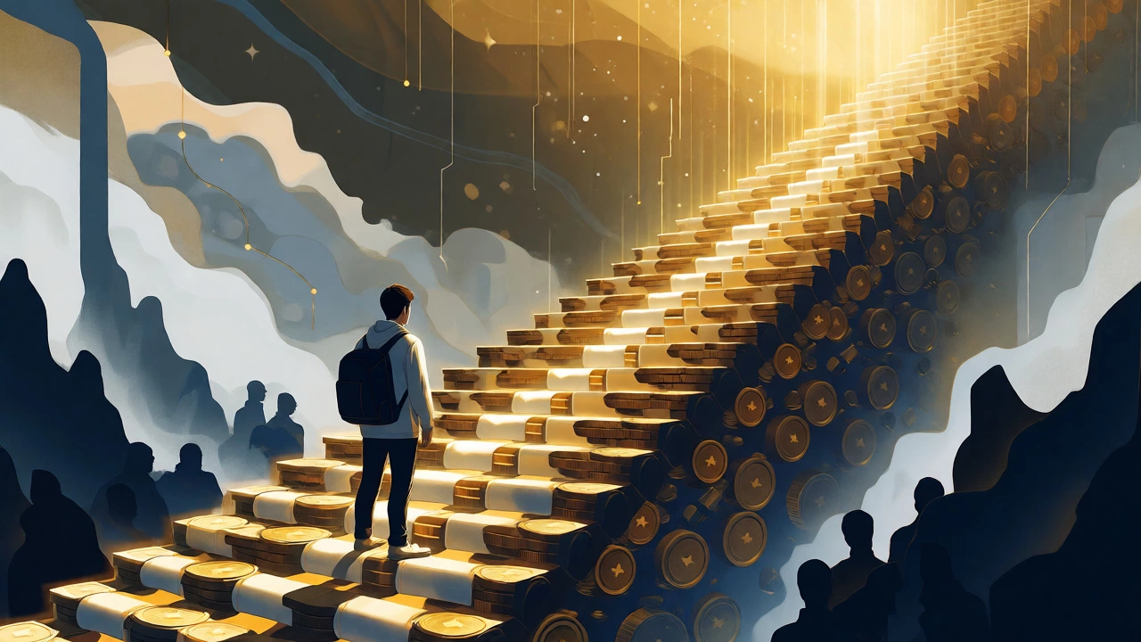 Student climbing a golden staircase of scholarships
