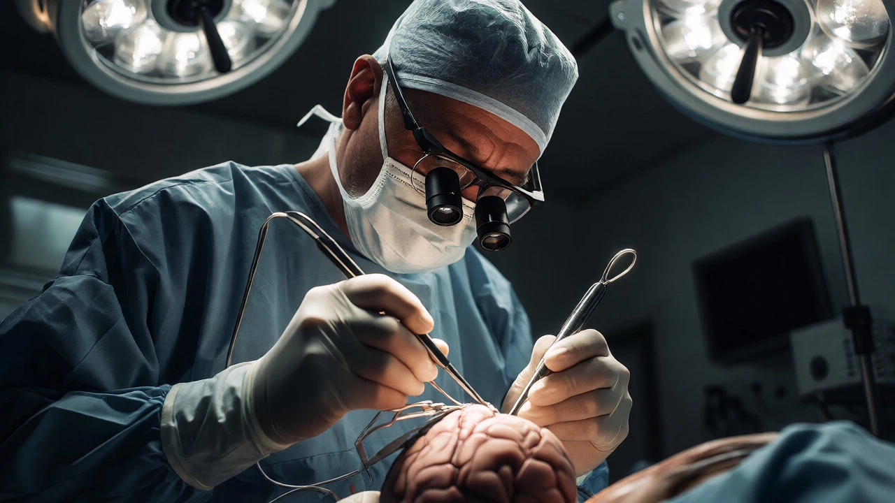 Surgeon performing precise neurosurgery in a brightly lit operating theater.