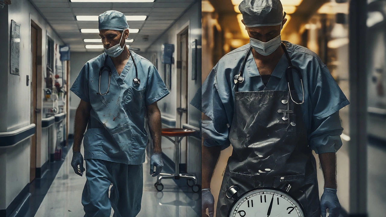 Weary doctor in hospital corridor symbolizing the stress of medical residency.