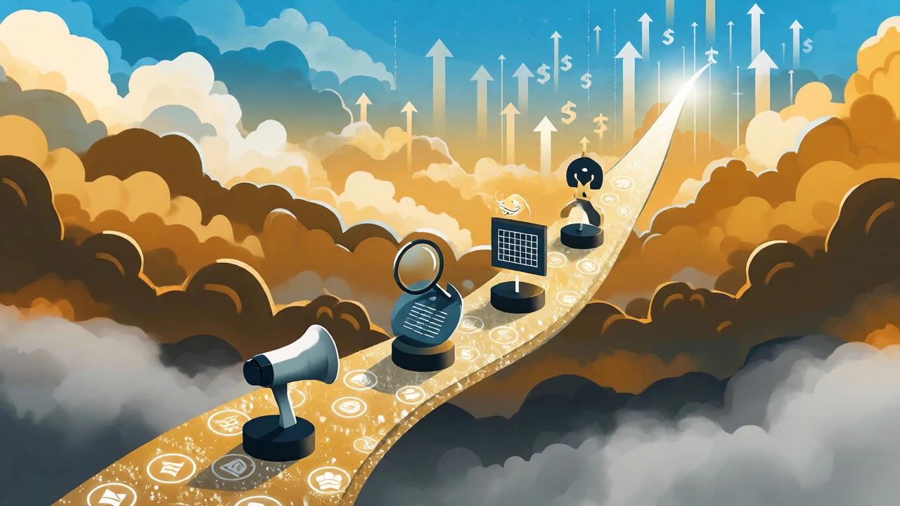 Conceptual path of digital skill icons leading upward to a bright, successful future