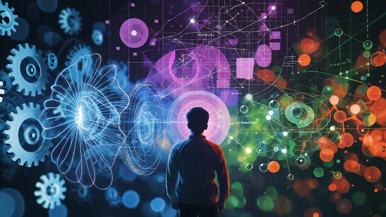 Conceptual visualization of JEE topics including physics fields, chemistry molecules, and math geometry