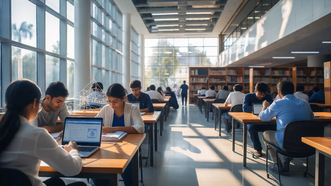 Engineering students collaborating in a bright, modern university library with laptops and models