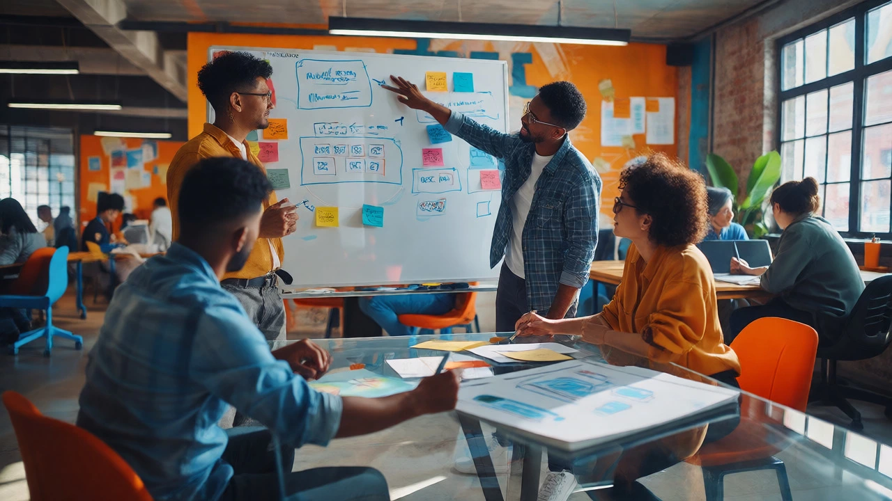 Team collaborating on project plans and UX designs in a modern co-working space